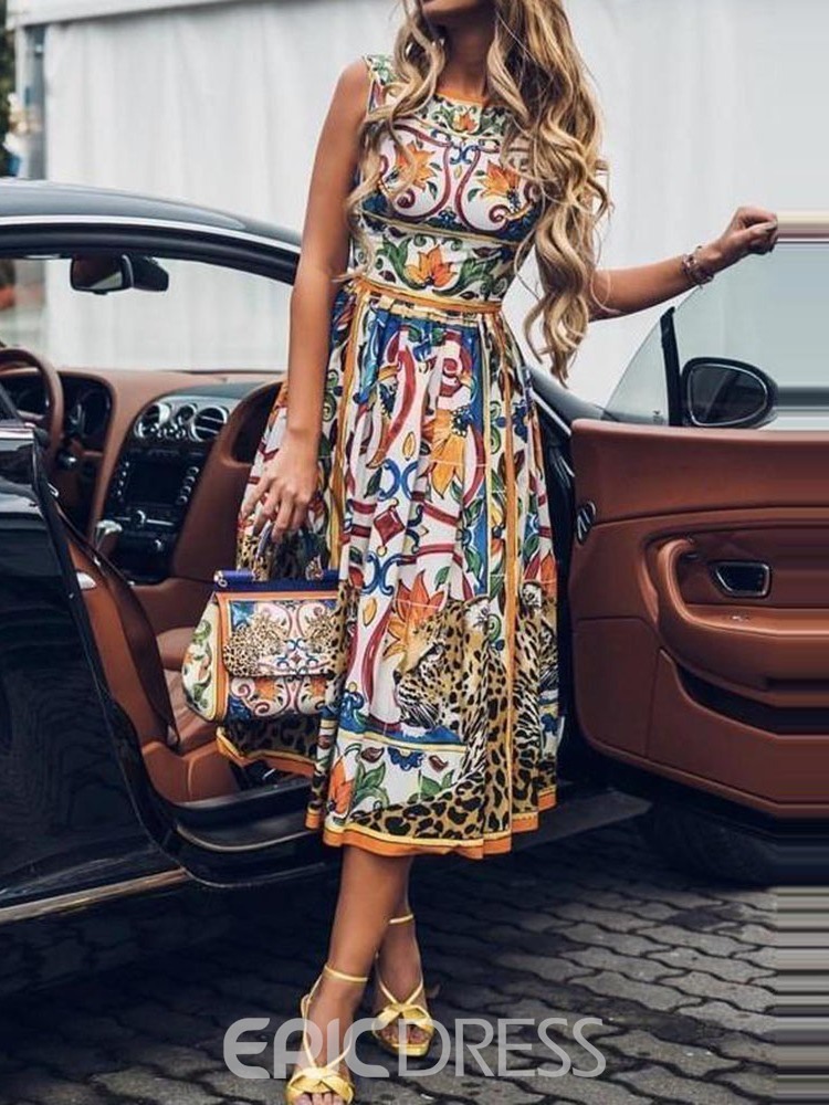 Ericdress African Fashion Sleeveless Mid-Calf Color Block Floral Dress