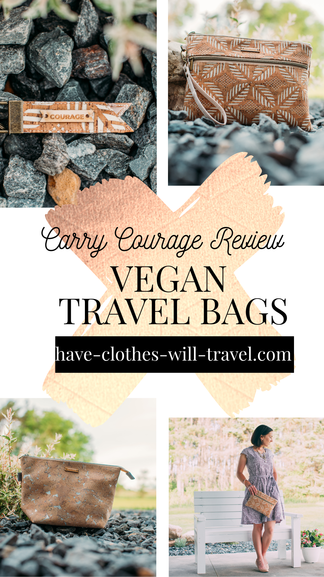 A collage of four photos featuring Carry Courage travel bags and a woman posing holding the bag. Text in the center of the image says "Carry Courage Review" and "Vegan Travel Bags"