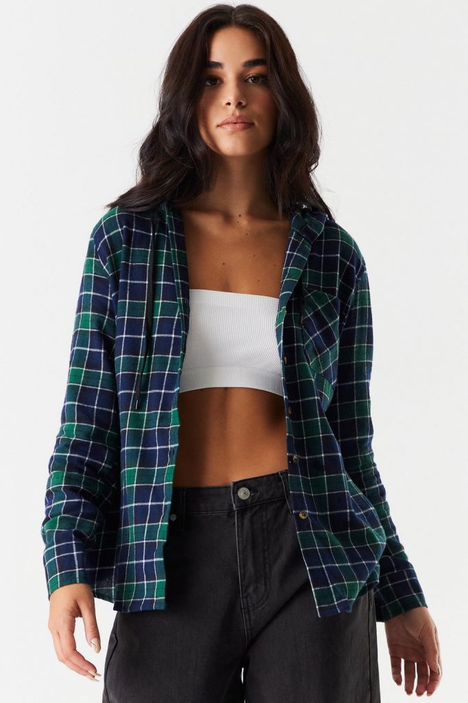 Green Plaid Flannel Hooded Top