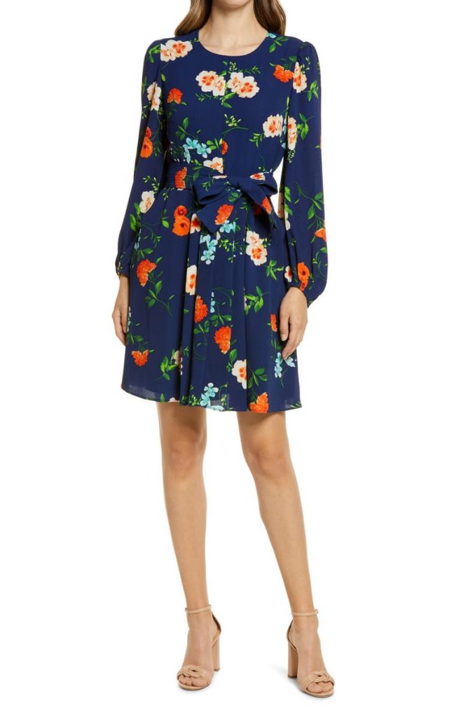 Long Sleeve Floral Print A-Line Dress ELIZA J