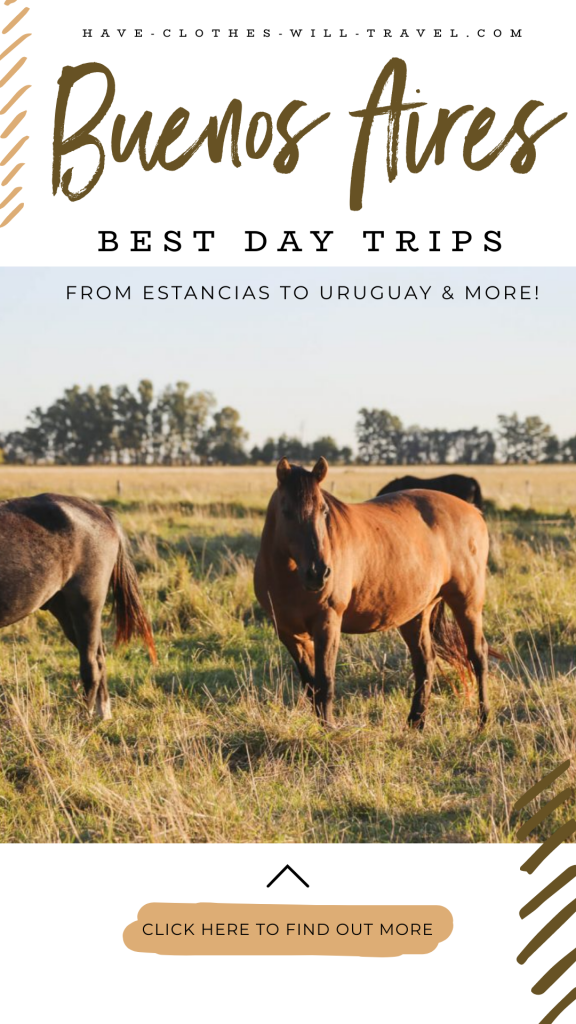 A pinterest graphic featuring beautiful horses and text that says "Buenos Aires" "Best Day trips, from Estancias to Uruguay and more!"