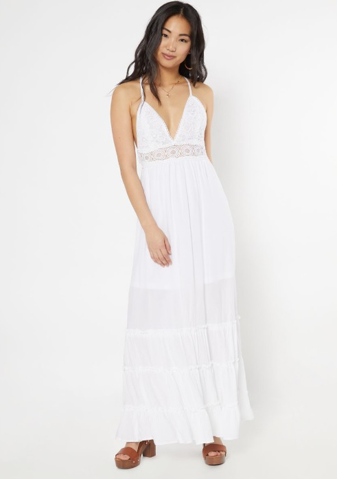 White Crochet V Neck Ruffle Maxi Dress