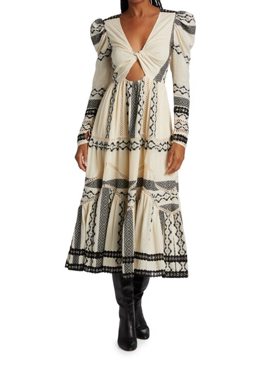 HEMANT & NANDITA Mora Mixed Prints Midi-Dress paired with black leather boots