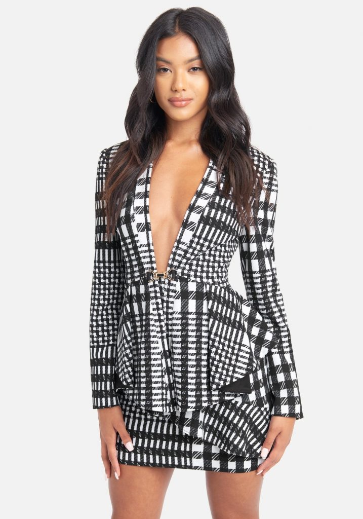 PRINTED PEPLUM BLAZER JACKET and Mini Skirt in Black and white from Bebe