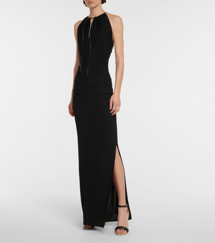 HELMUT LANG Halterneck maxi dress in black with knee high slit and black strappy heels