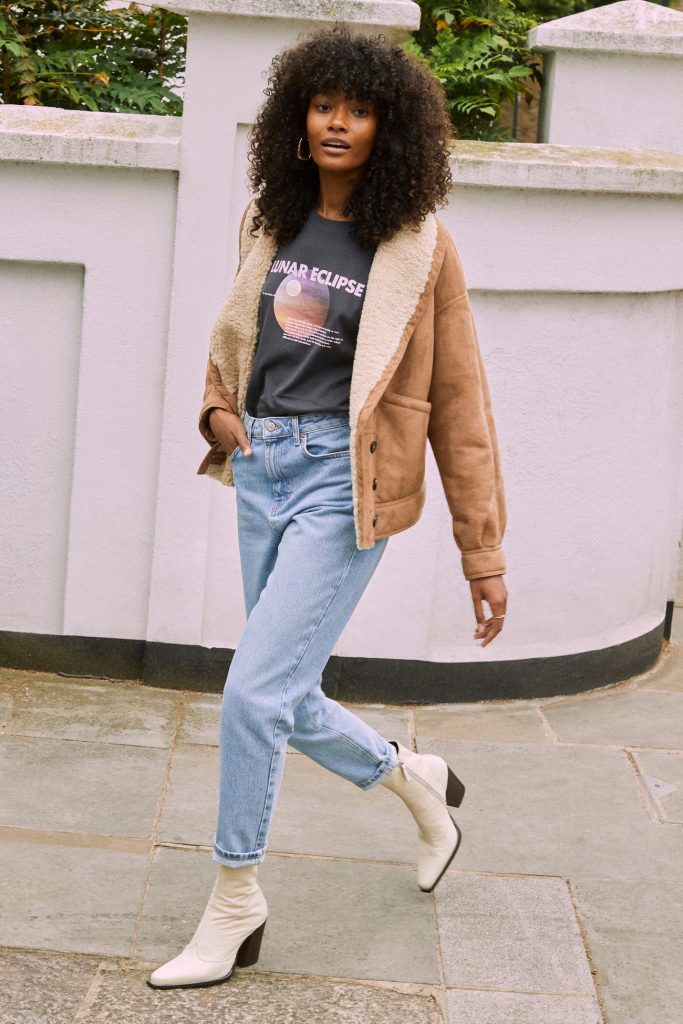 Tan Faux Shearling Jacket with jeans and white ankle boots