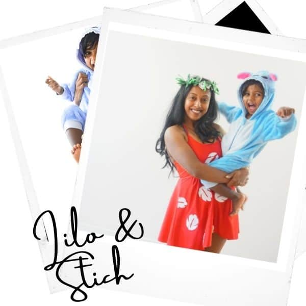 Cute polaroid pictures show a mom and son dressed in DIY Lilo and Stich Halloween costumes.