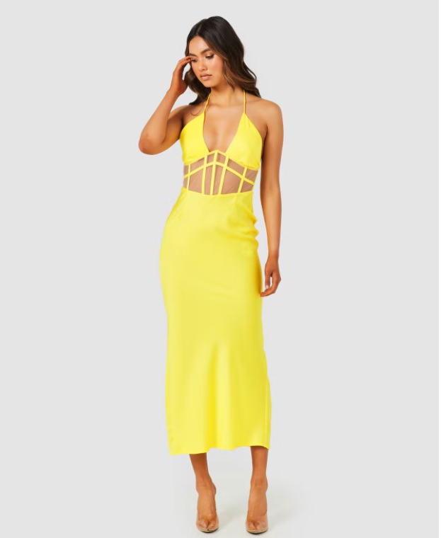 Derma Department Harlow Dress in neon yellow with cutout midriff and midi length hem