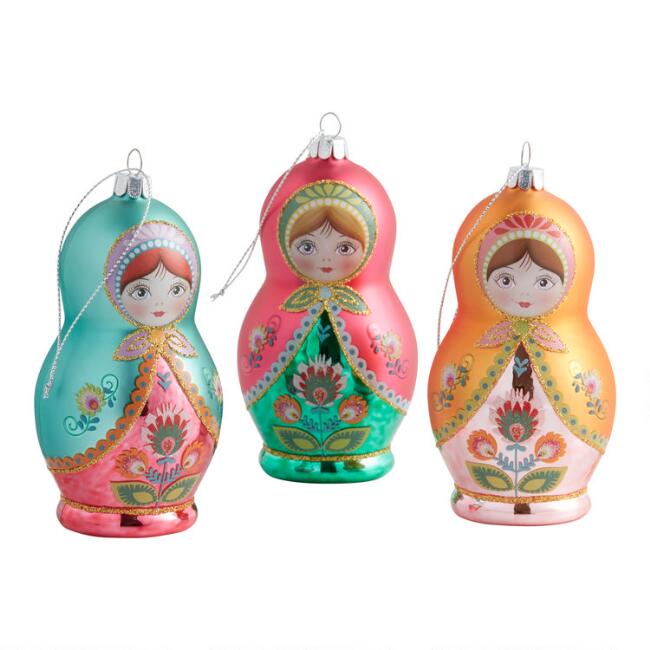 Glass Russian Matryoshka Doll Ornaments Set Of 3
