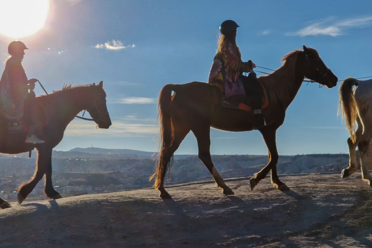 CAPPADOCIA, TURKEY - JANUARY 18, 2023: Three horses gracefully journeying through Red Valley, silhouetted against the sun's final embrace.