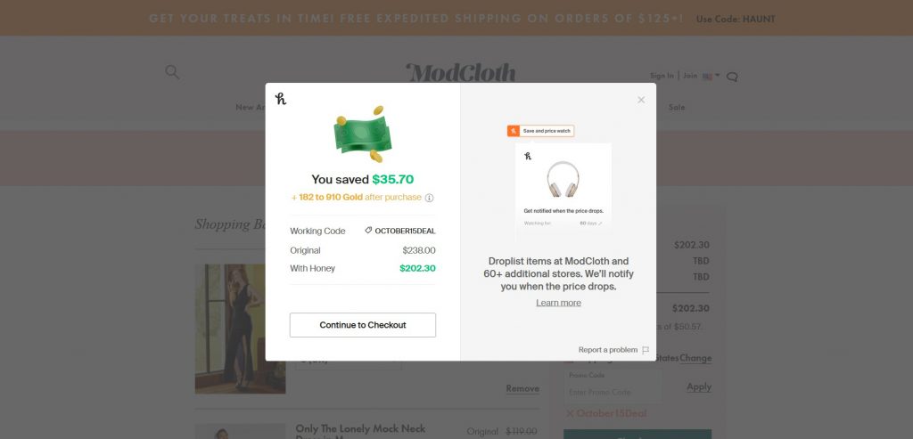 Pop up of Honey Browser Extension showing discounted amount on an online purchase