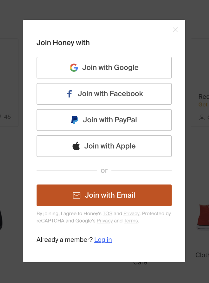 How to sign up to honey mobile app Sign up pop up view of of Honey Browser App 