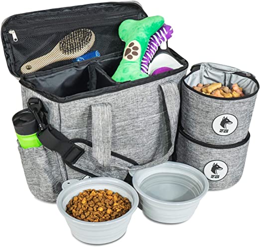 Top Dog Travel Bag - Airline Approved Travel Set for Dogs Stores All Your Dog Accessories - Includes Travel Bag, 2X Food Storage Containers and 2X Collapsible Dog Bowls - Gray