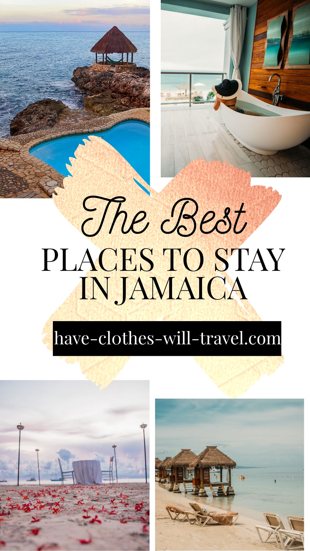 A collage of images of the best resorts in Jamaica show the ocean, all-inclusive amenities, and things to do. Text in the center of the image says "the best places to day in Jamaica"