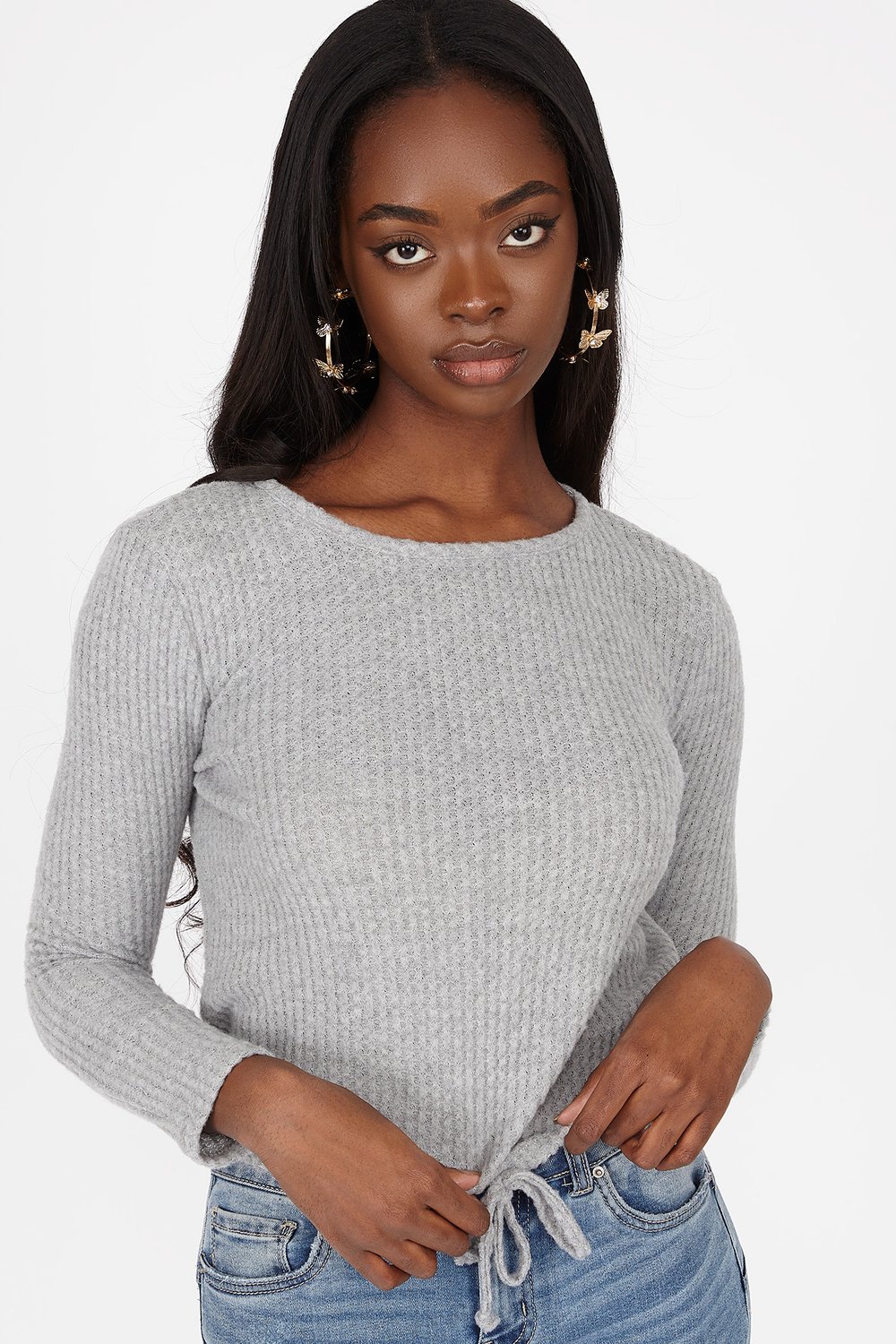 Waffle Knit Self-Tie Cinched Hem Long Sleeve Top