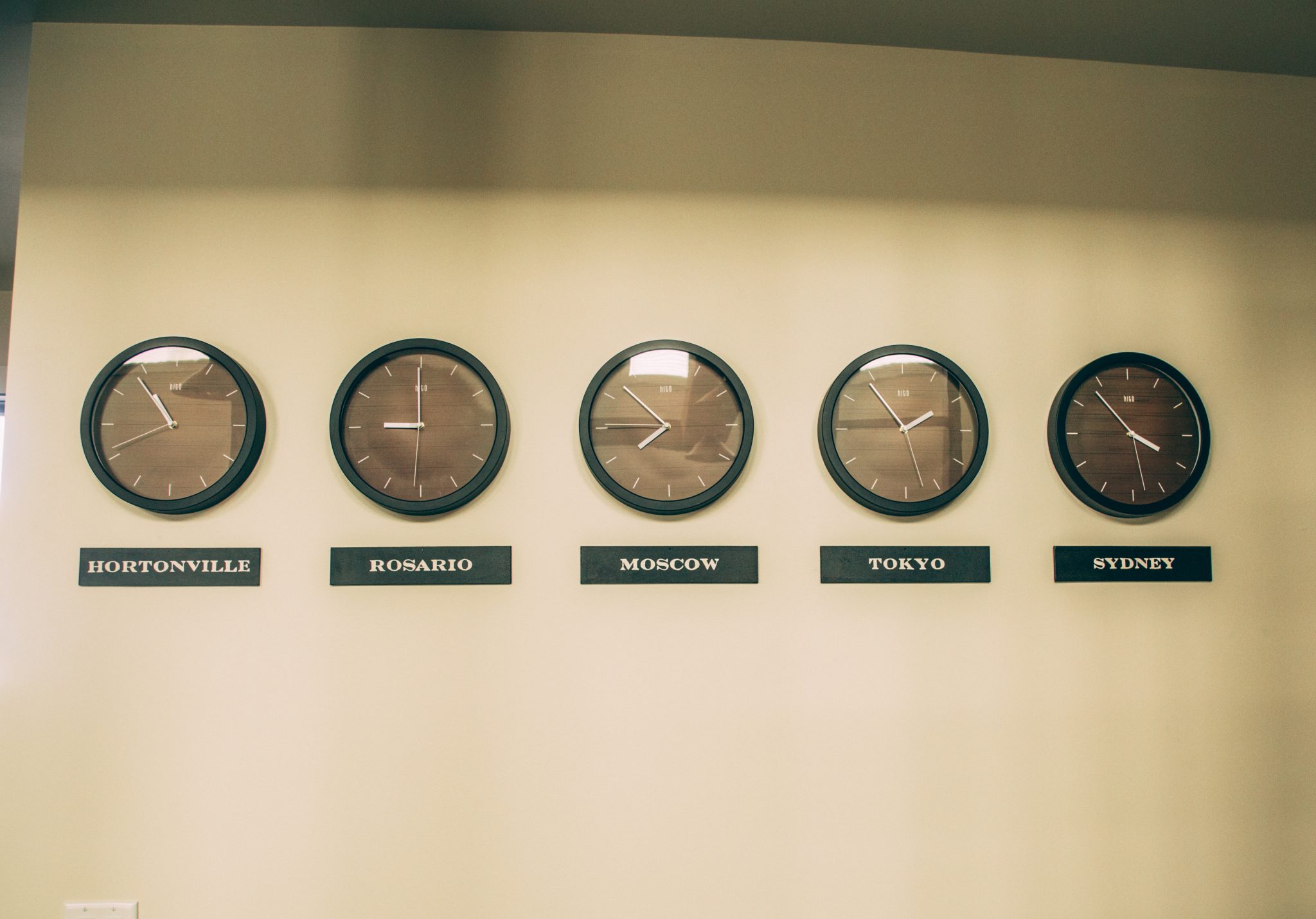 Five clocks lined up in a row, mounted on a beige wall. Each clock is set to a different location -- Hortonville, Rosario, Moscow, Tokyo, and Sydney.