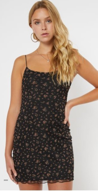 Black Ditsy Floral Print Fitted Mesh Dress