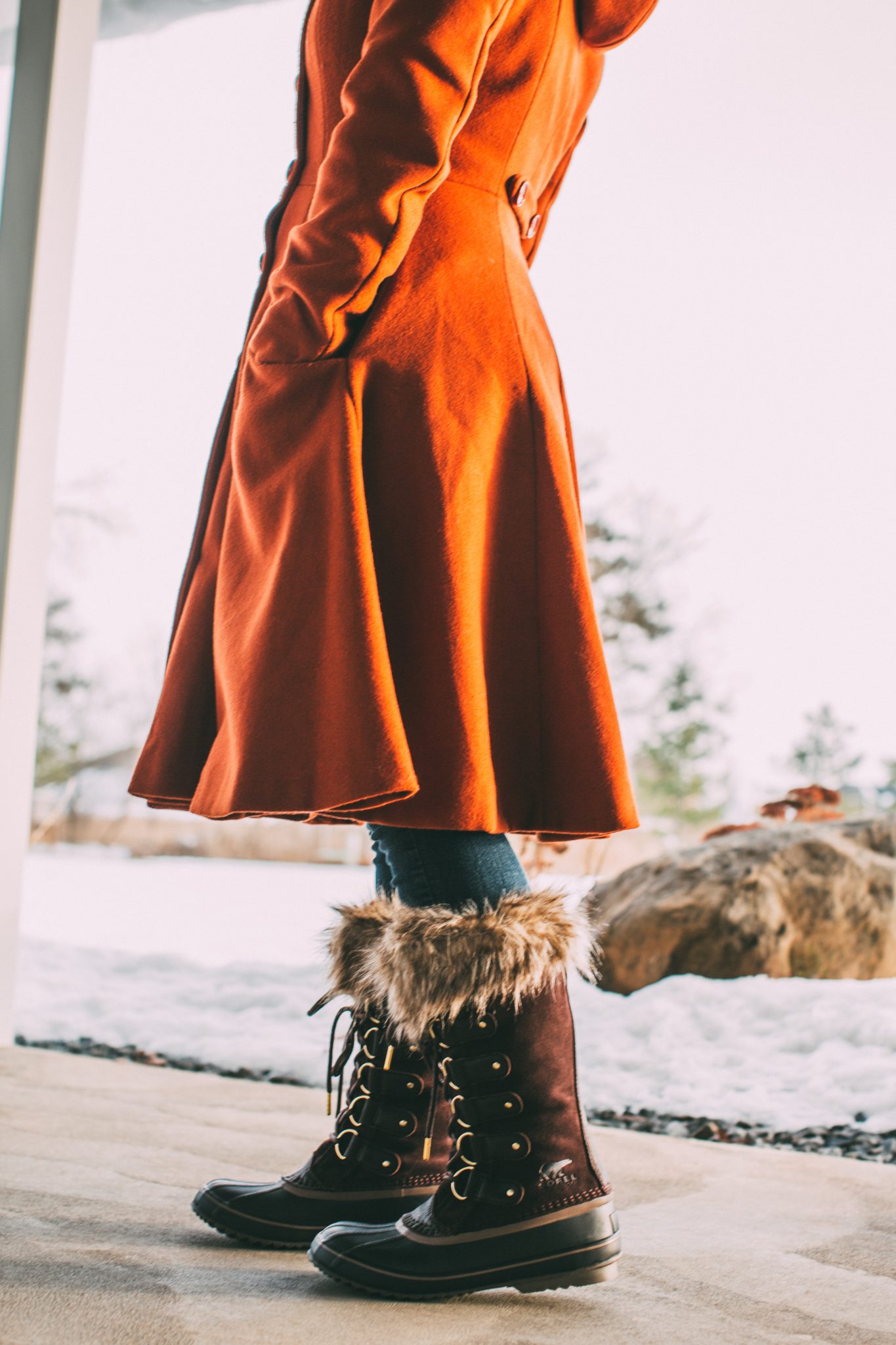 New Sorel Boots from Zappos paired with burnt orange Collectif Swing Coat