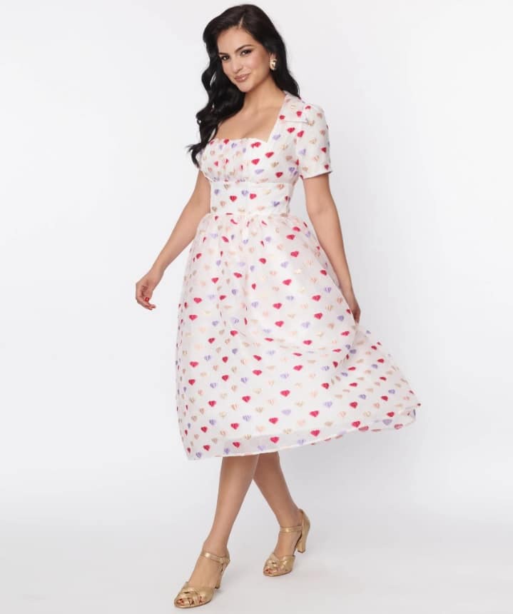 Unique Vintage White & Multi Hearts Crinkle Libby Swing Dress