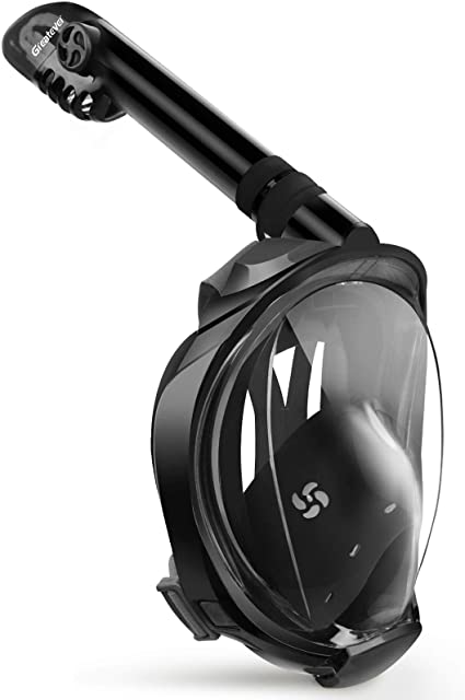 A black scuba mask on a white background.