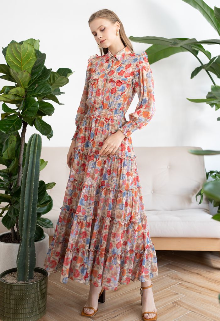 WILD BLOOM BUTTONED SEMI-SHEER MAXI DRESS