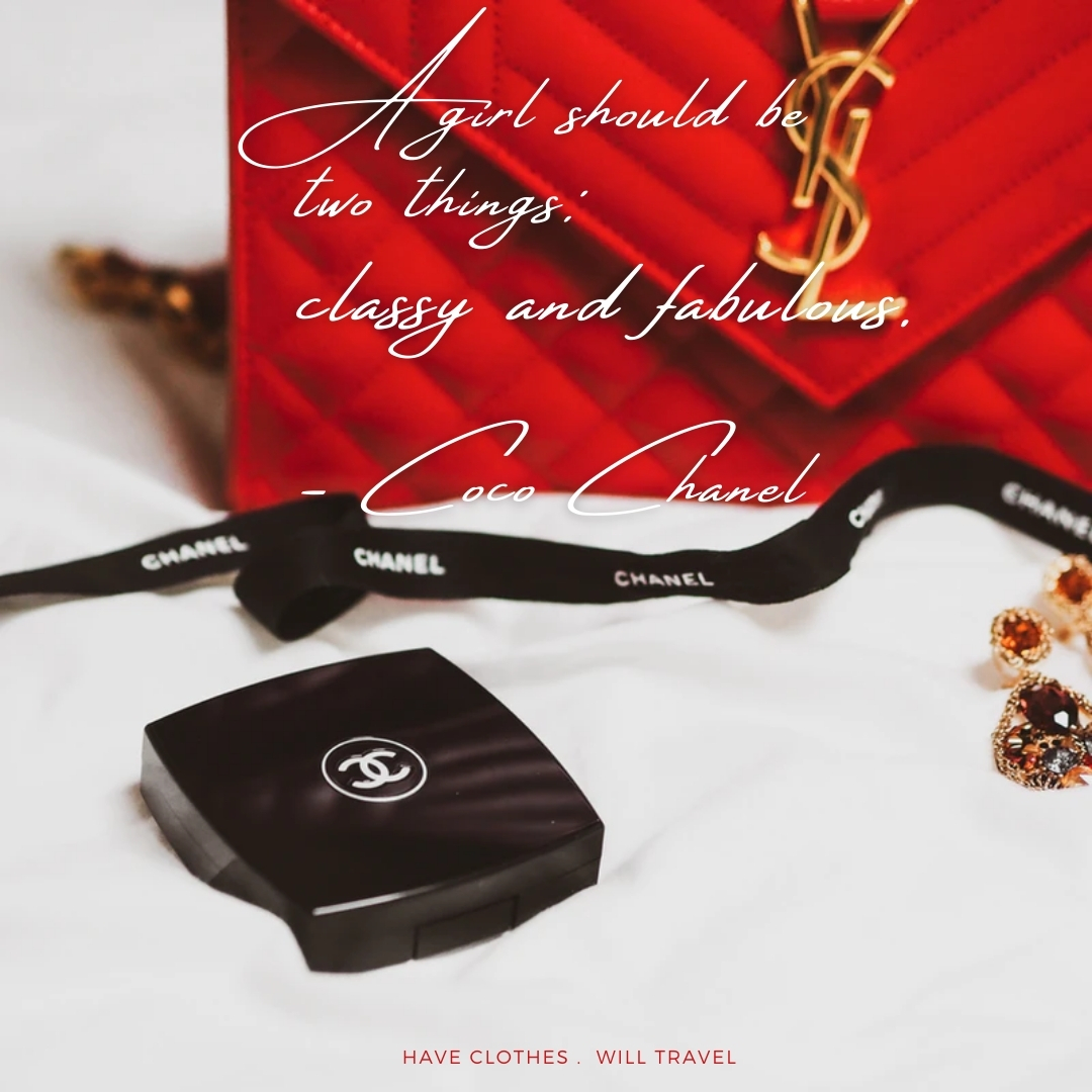 An image shows a red YSL handbag, Chanel braded black ribbon, and a Chanel makeup case. White cursive text across the image reads, "A girl should be two things: classy and fabulous. ― Coco Chanel"