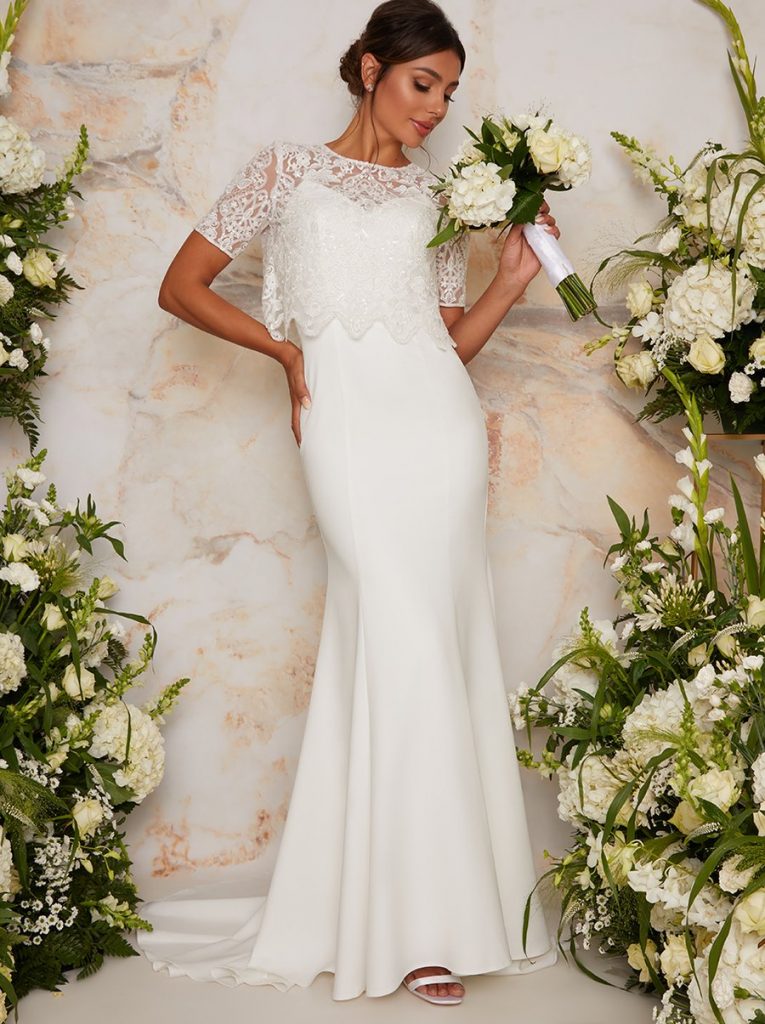 Bridal Lace Bodice Maxi Wedding Dress in White