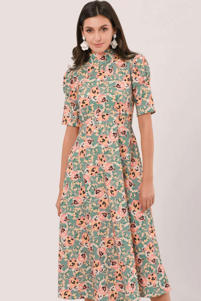 APRICOT FLORAL HIGH NECK MIDI DRESS