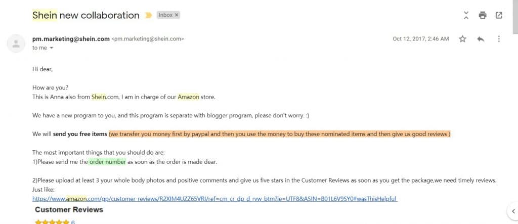 Shein trying to buy fake Amazon reviews