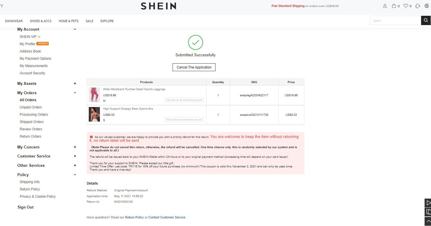 Shein return credit