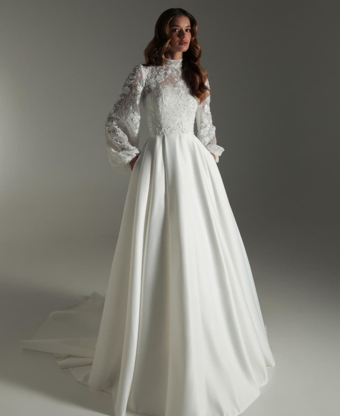 Modest High Neck Wedding Dress Long Sleeve, Winter Satin A-line Bridal Gown Pockets, Pearl Beaded Lace Corset Closed Back