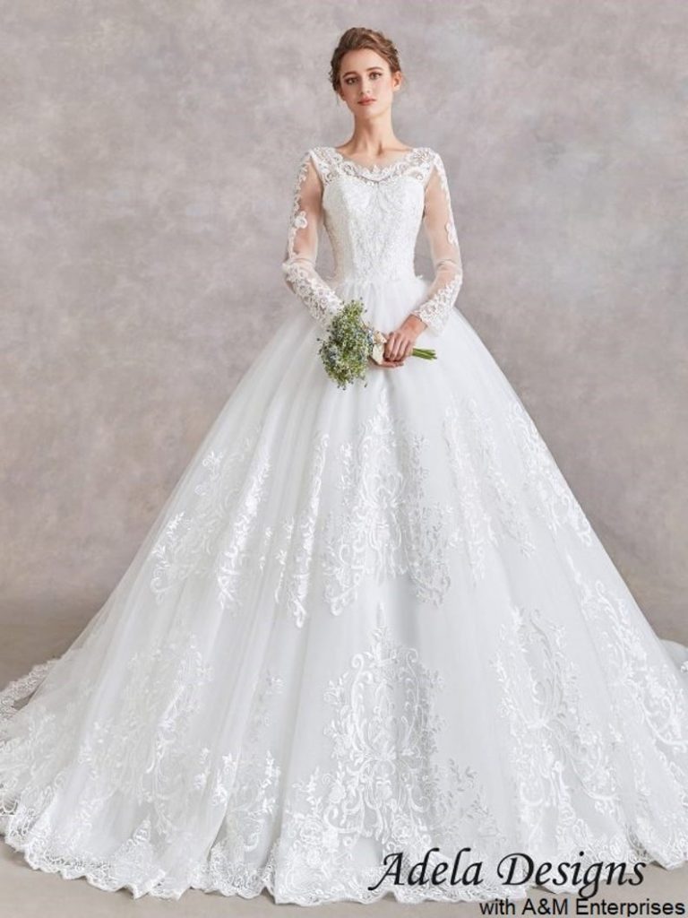 Ball Gown Wedding Dress Long Sleeves Lace Bridal Gown Full Skirt