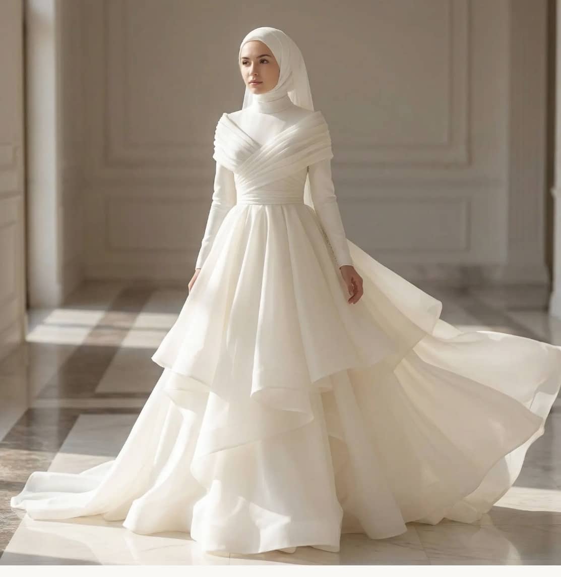 Custom Made Modest Wedding Dress – Draped Bodice, Layered Skirt, Long Sleeve Hijab Gown