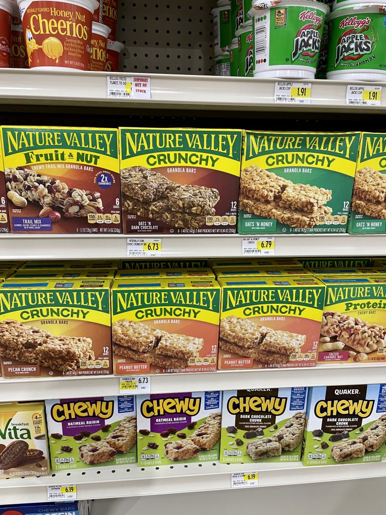 A grocery store shelf granola bars in Turks and Caicos.