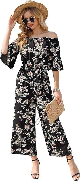 Women's Summer Floral Off Shoulder ruffled Short Sleeve High Waist Wide Leg Pants Casual Loose Jumpsuit