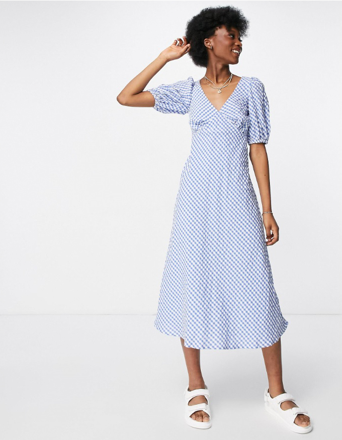 New Look puff sleeve midi tea dress in blue gingham