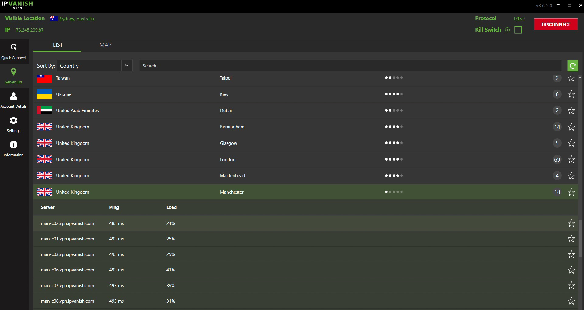 The list of IP address locations I can use on IPVanish