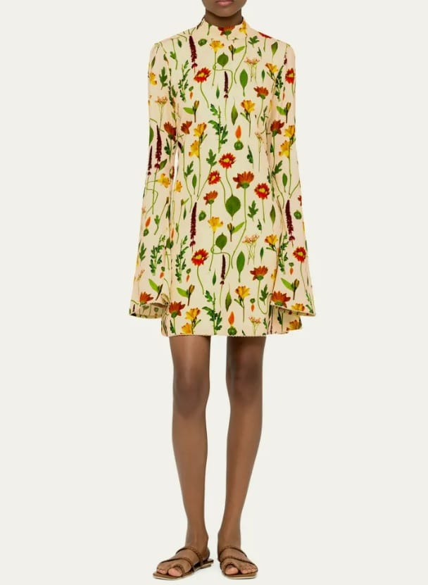 Sur Floral Silk Bell-Sleeve Open-Back Mini Dress