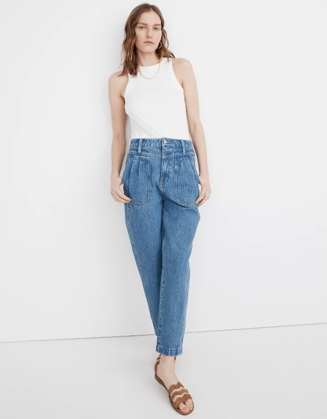 Baggy Pleated Tapered Jeans in Springdale Wash
