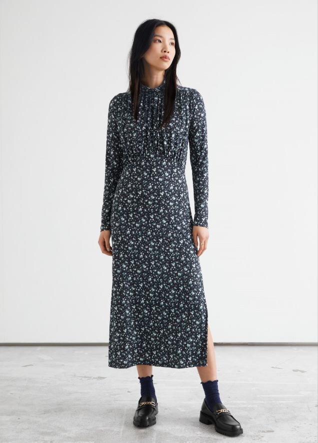 DESIGNED IN PARIS Gathered High Collar Midi Dress