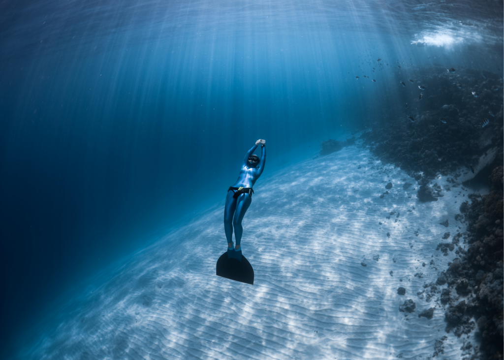 A man in a wetsuit is free diving at the Caicos Barrier Reef Wall.