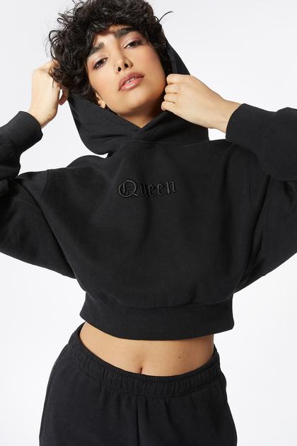 Fleece Embroidered Graphic Cropped Hoodie