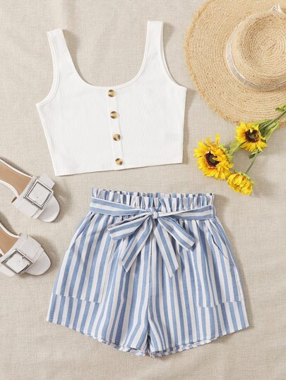 Button Front Tank Top & Stripe Belted Shorts