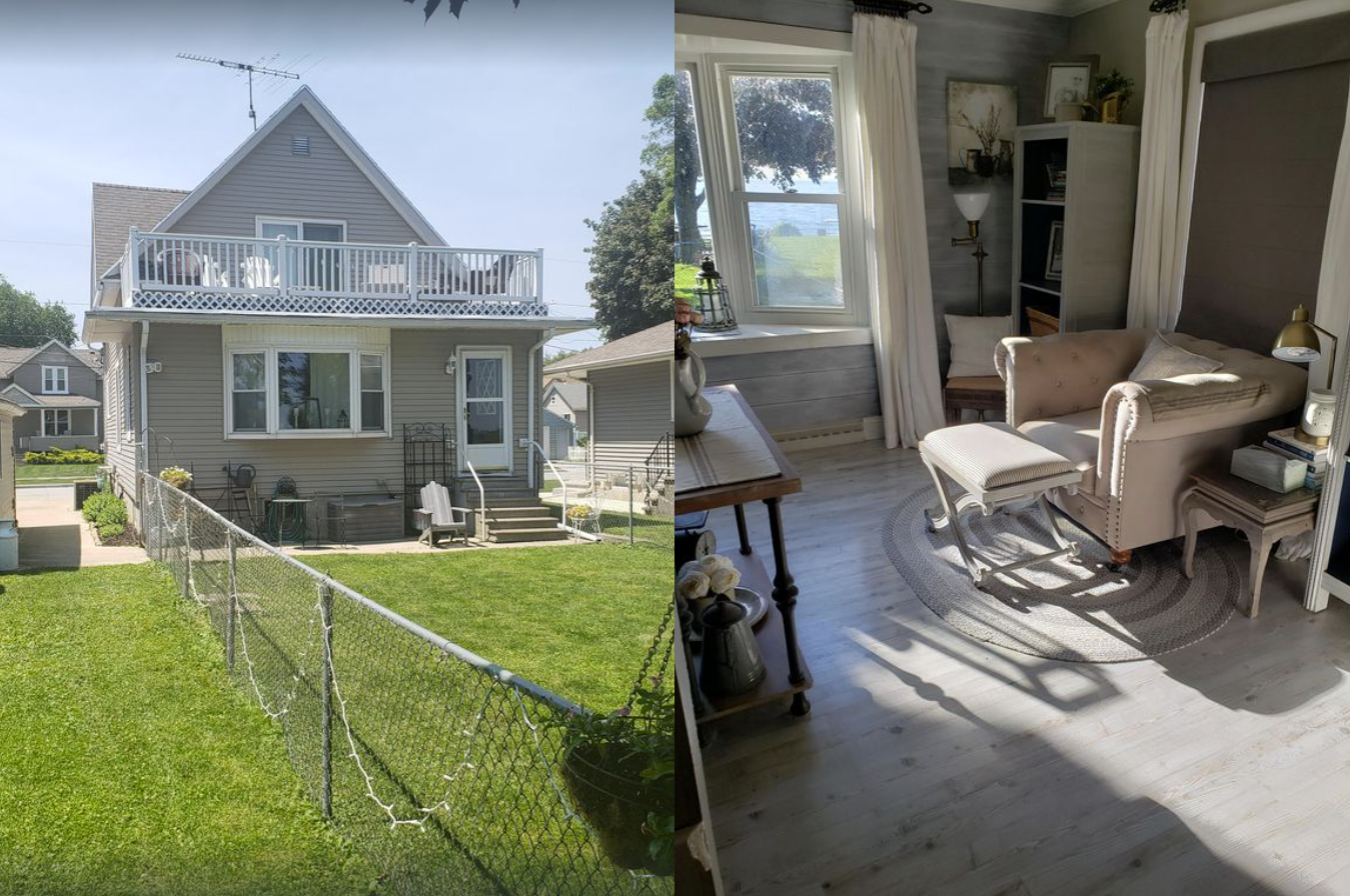 Two side by side images of a home. The image on the left is an exterior shot of a quaint two story home with gray siding, a small balcony, and fenced in back yard. The photo on the right is an interior shot of a small living room with a comfy chair, modern hardwood floors, and gray walls.