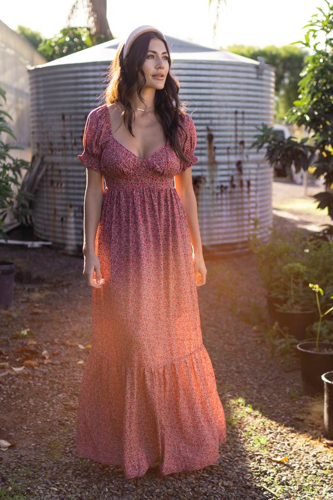 Model Wearing Pink Floral Puff Sleeve Maternity Maxi Dress