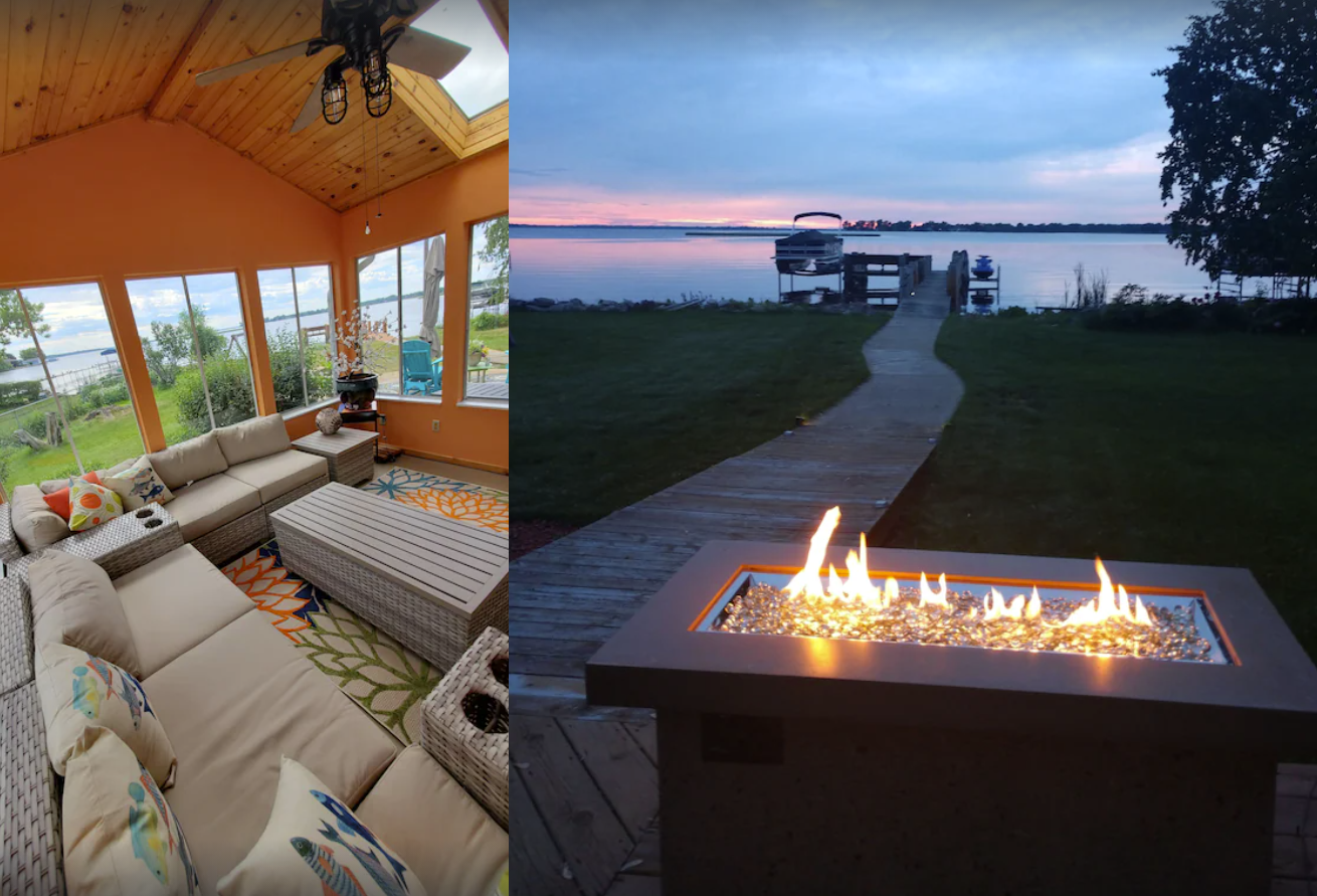 Two side by side images of a home rental in Oshkosh, WI. The left image is an interior shot of an enclosed sunroom with a large tan sectional couch. The right image is a firepit at dusk, overlooking a lakefront pier.