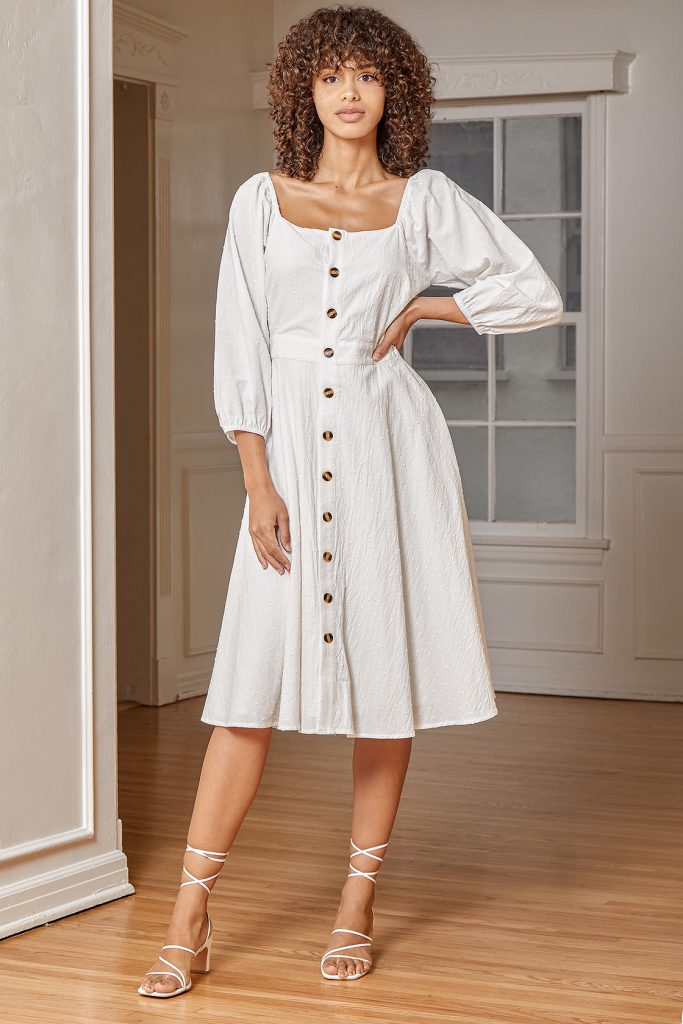 Model Wearing Happiest With You White Lace-Up Button-Front Midi Dress