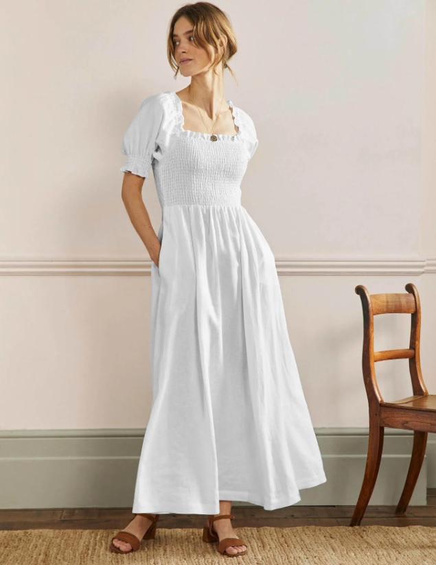 Smocked Bodice Midi Dress White