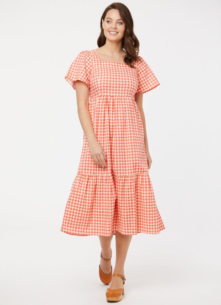 Georgia Gingham Square Neck Dress - Coral