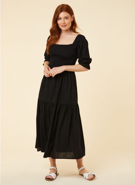 Sierra Square Neck Tiered Cotton Midaxi Dress - Black